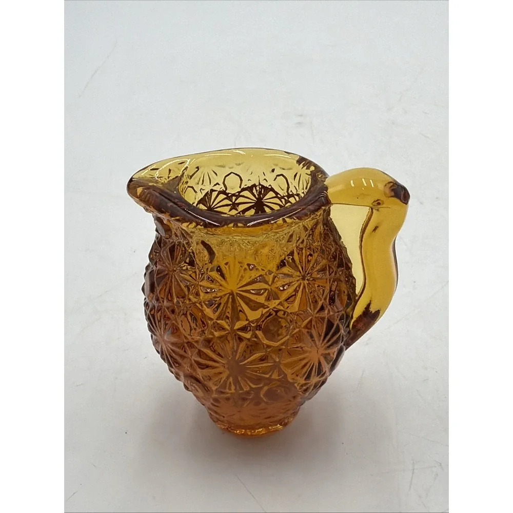 Vintage LE Smith Daisy & Button Amber Glass Miniature Pitcher / Toothpick Holder